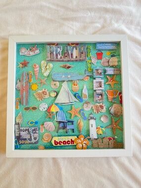 Beach Coastal Wall Art | Shadow Framed Beach Collage | 33 x 33 cm